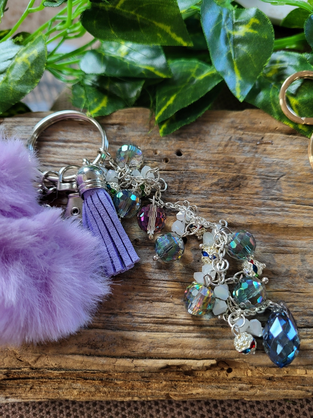 Purple Crystal Pom Pom Keychain with Tassel